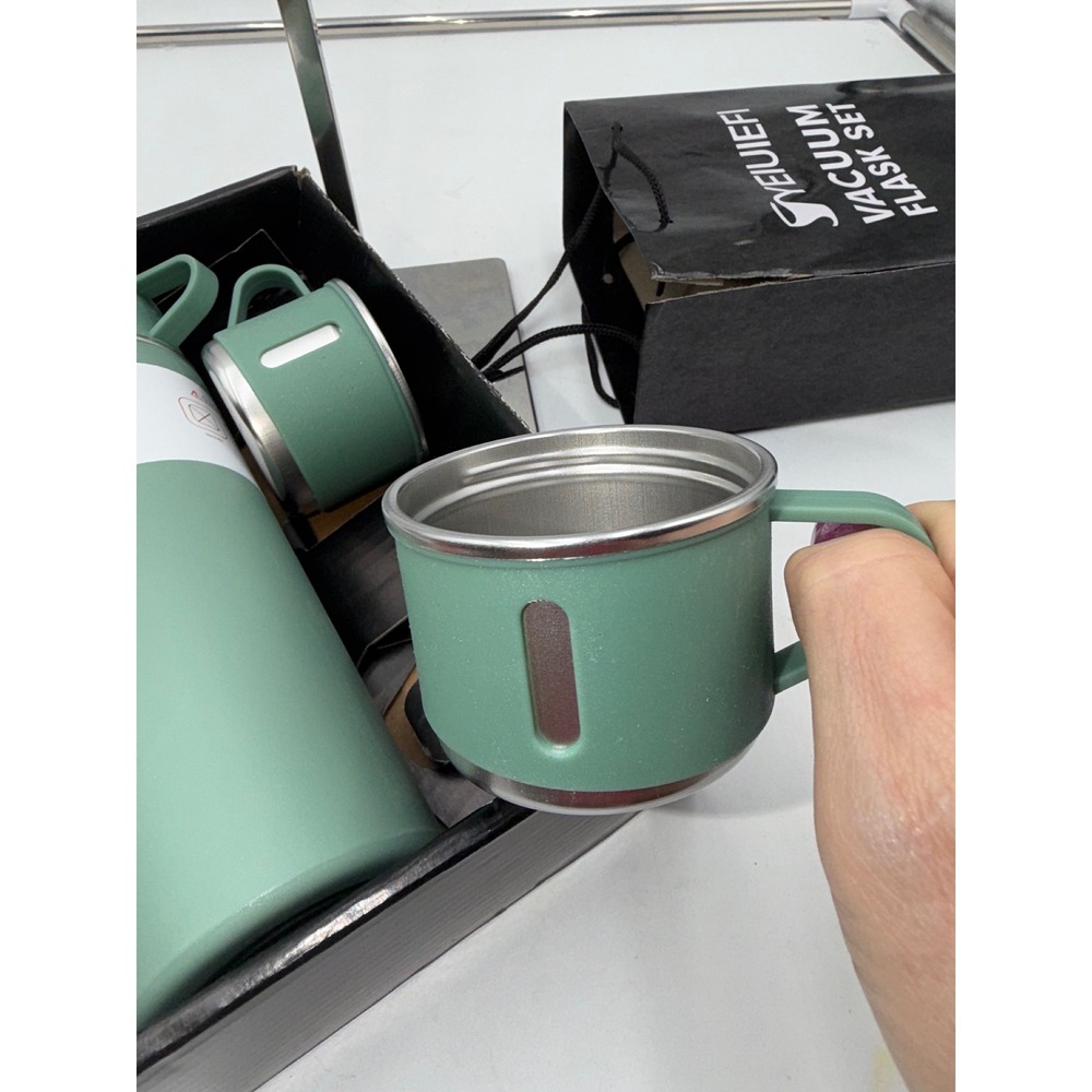 YEIUIEFI Vacuum Flask Set Sage Green Stainless Steel Thermal Bottle with 3 Cups - Picture 2 of 4